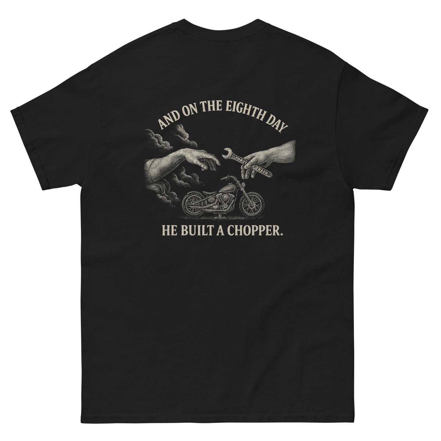 On The 8th Day tee detail — Throttle Trash Supply Co.