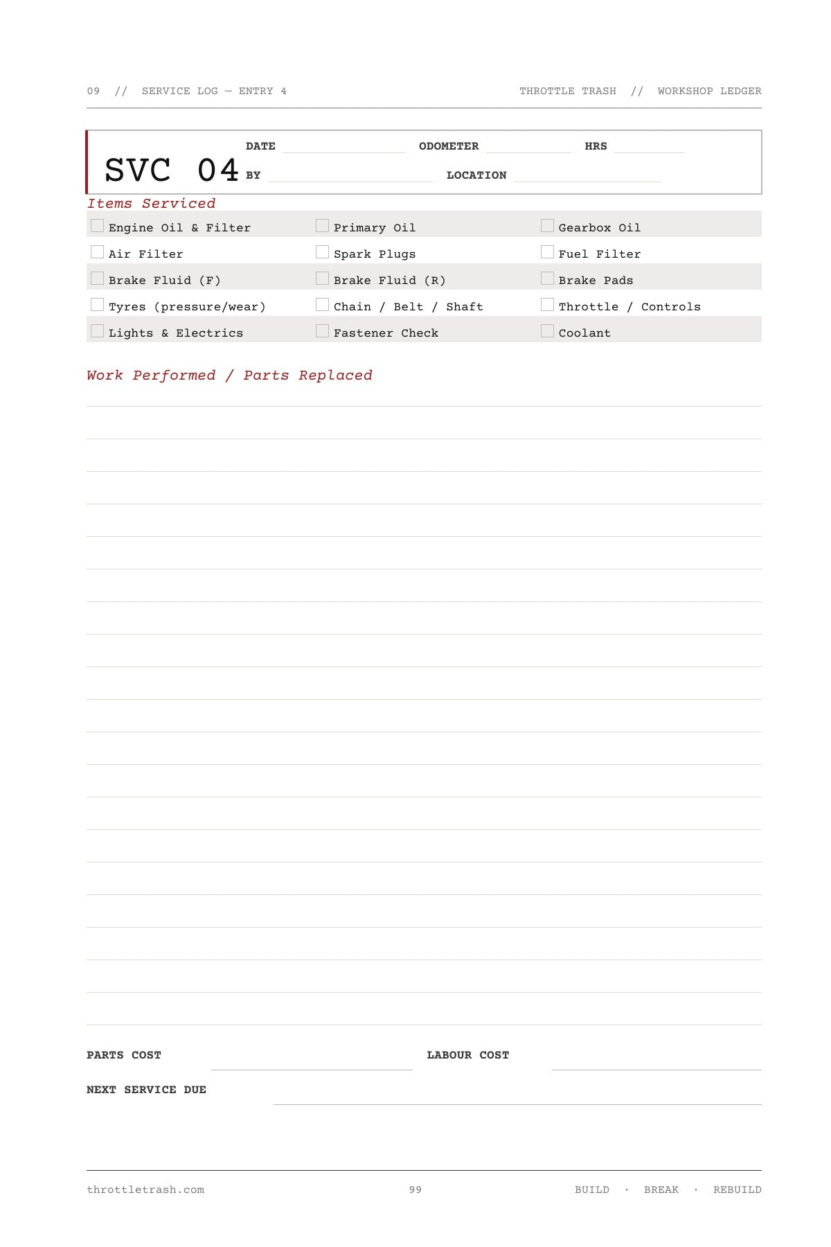 Service Log — full service history with every entry
