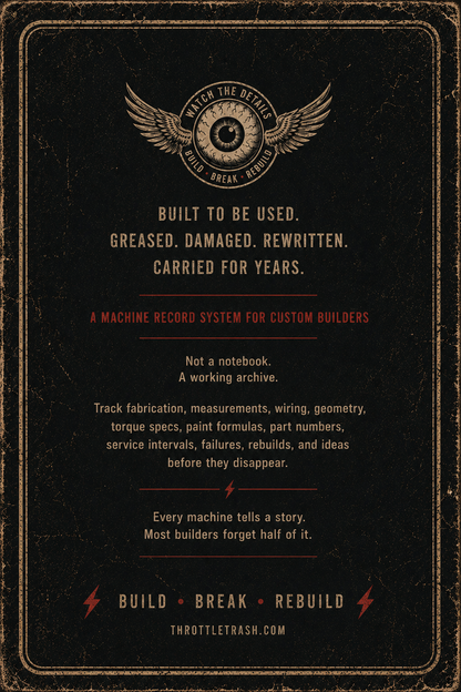 Workshop Ledger Back Cover — Built to be used. Greased. Damaged. Rewritten. Carried for years.